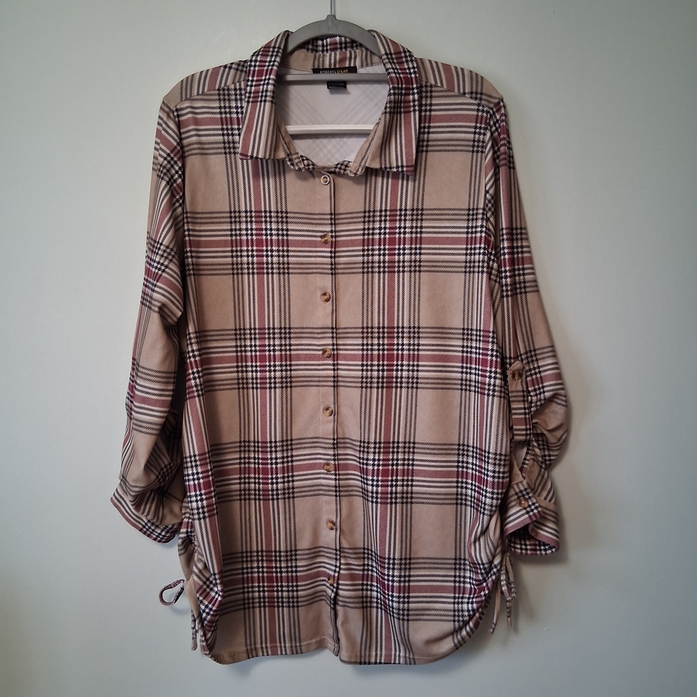 Robert Lous Plaid Button-Up Shirt Stretchy Soft Side Seam Drawstrings Size 1X